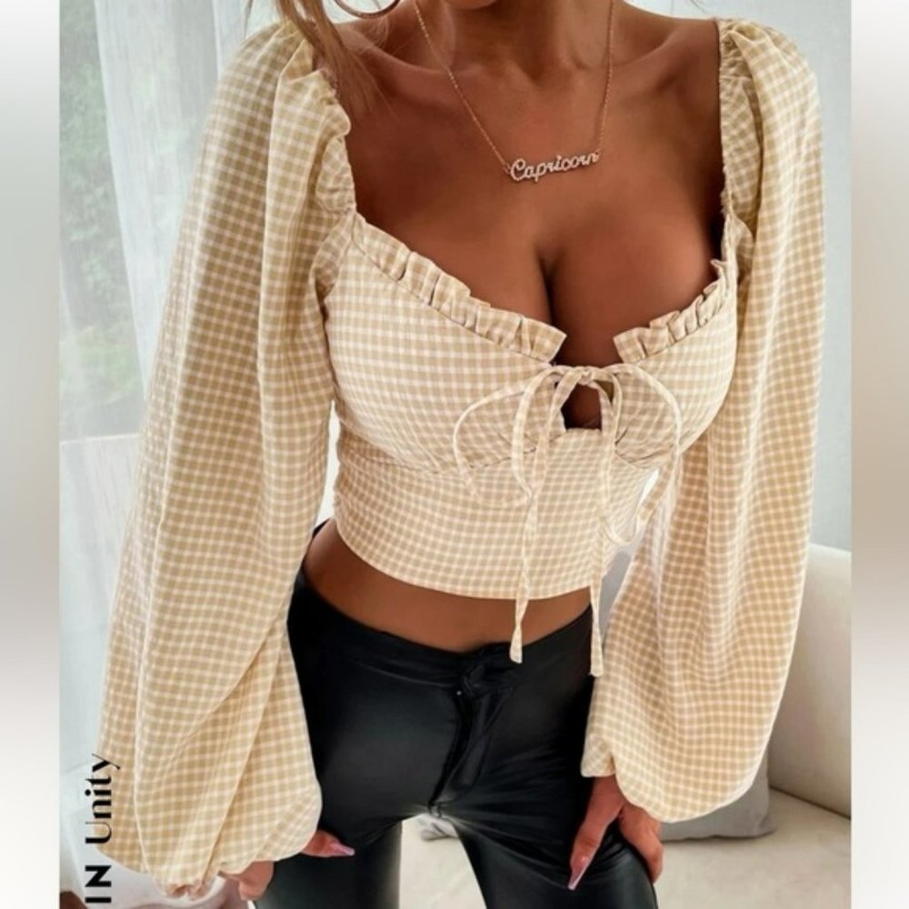 Shein Gingham Bishop Sleeve Crop Blouse Size Medium
